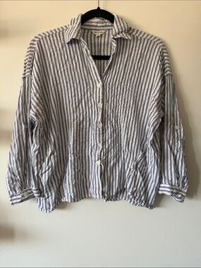 Max Studio|Striped Coastal Linen OS Cotton Button-Up Shirt|Blue/White|Small|EUC